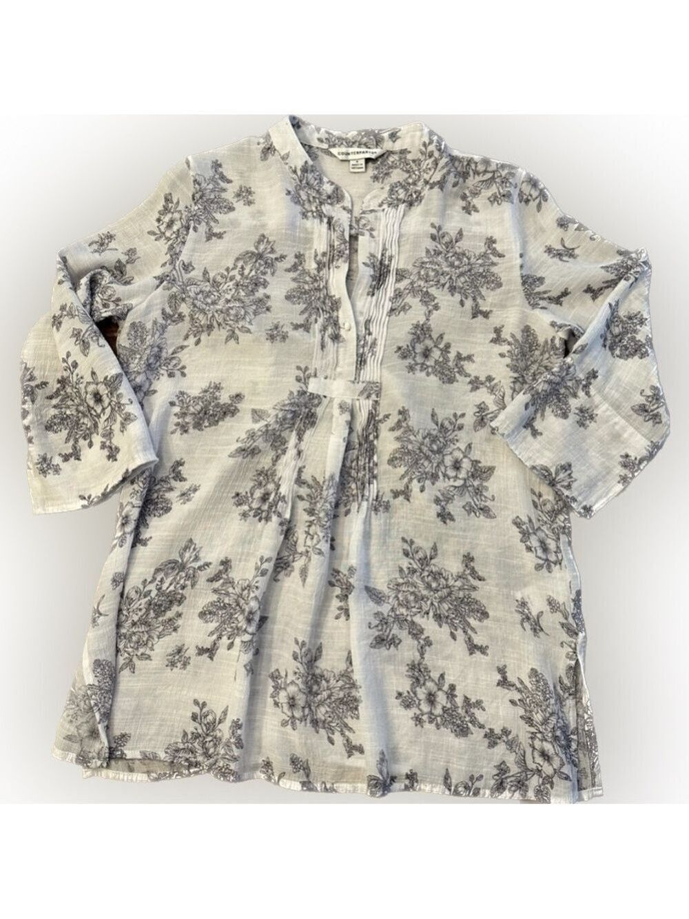 Counterparts Women’s 3/4 sleeve Pintuck Printed Blouse White - Black print sz S